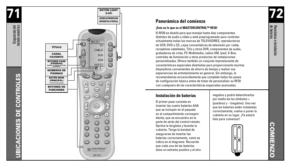 Comienzo, Ubicaciones de controles, Panorámica del comienzo | Universal Remote Control (URS) RFS200 User Manual | Page 38 / 61