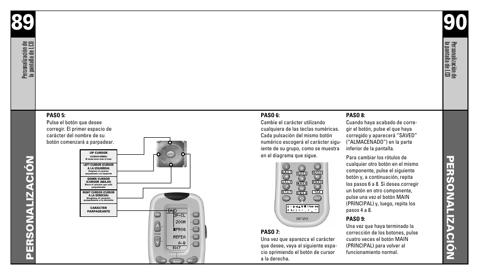 Personalización, Personalizaci ón de la pantalla de lcd | Universal Remote Control (URS) RFS200 User Manual | Page 47 / 61