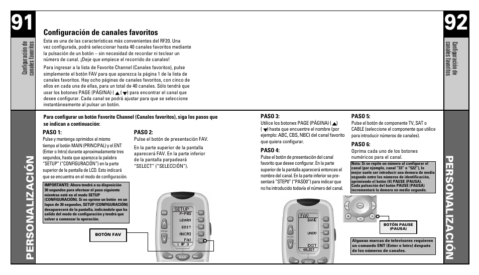 Personalización, Configuración de canales favoritos | Universal Remote Control (URS) RFS200 User Manual | Page 48 / 61