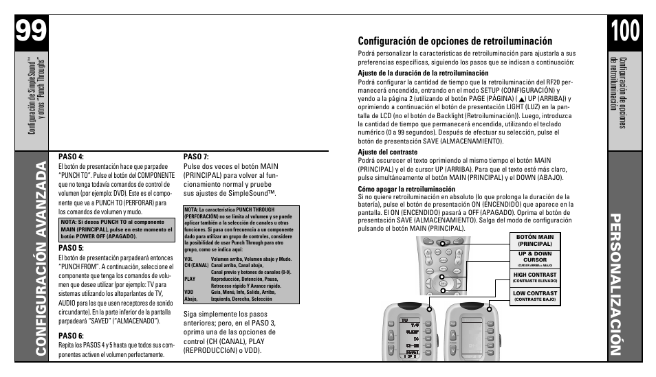 Personalización, Configuración a v anzada, Configuración de opciones de retroiluminación | Universal Remote Control (URS) RFS200 User Manual | Page 52 / 61