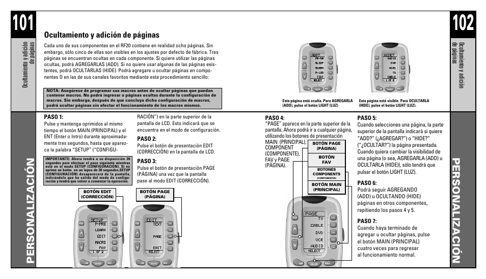 Personalización, Ocultamiento y adición de páginas | Universal Remote Control (URS) RFS200 User Manual | Page 53 / 61