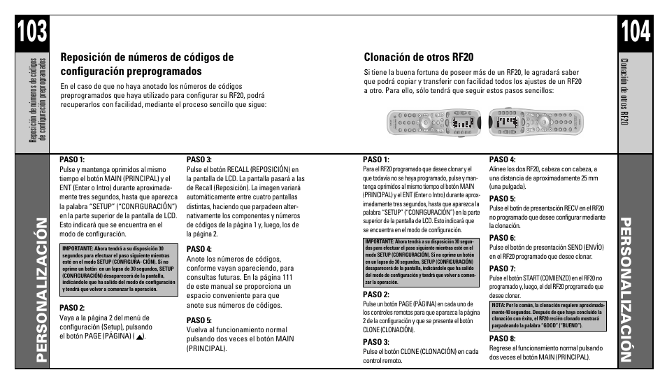 Personalización | Universal Remote Control (URS) RFS200 User Manual | Page 54 / 61