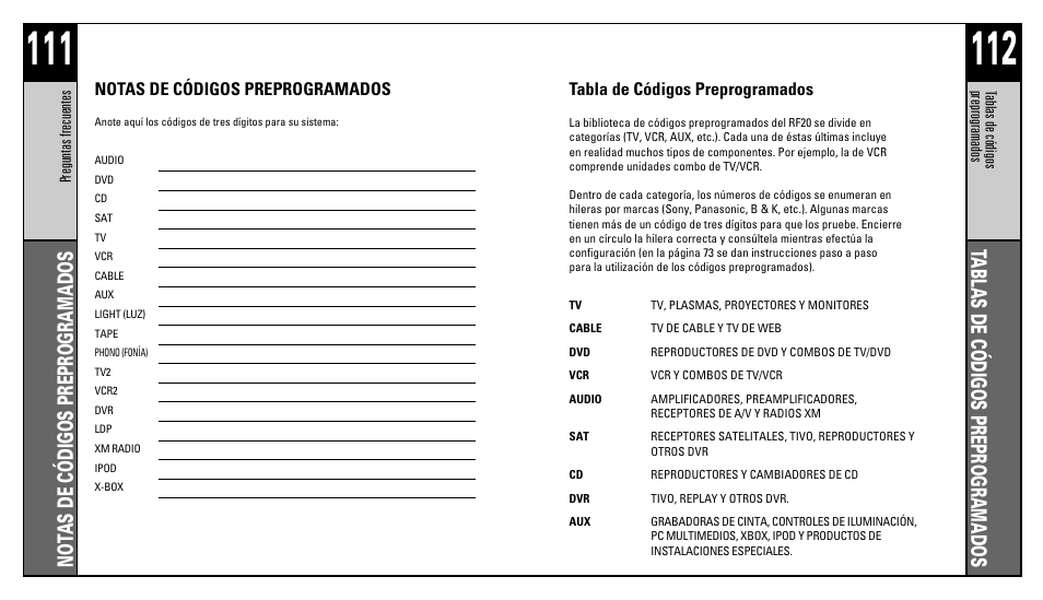 Not as de códigos preprogramados, Tablas de códigos preprogramados, Notas de códigos preprogramados | Tabla de códigos preprogramados | Universal Remote Control (URS) RFS200 User Manual | Page 58 / 61