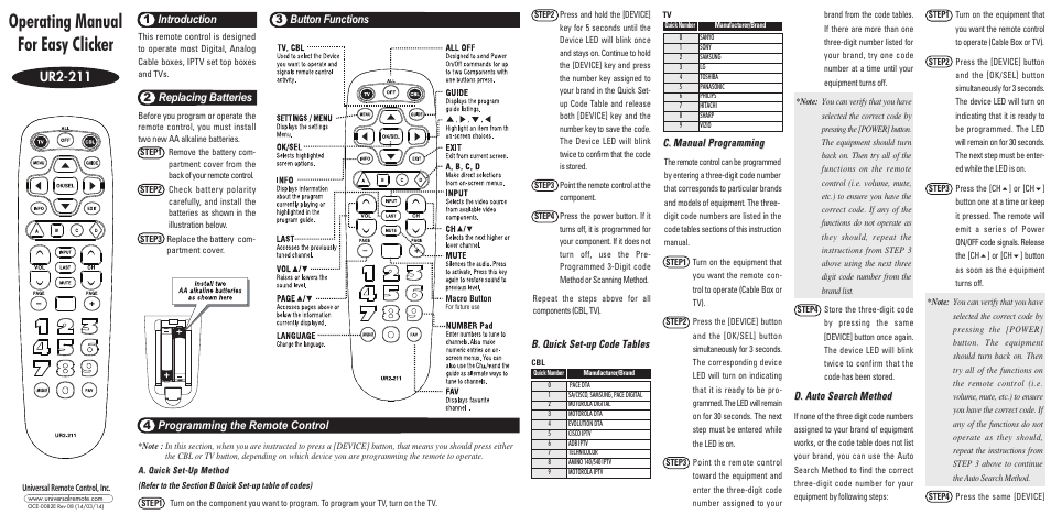 Universal Remote Control (URS) UR2-211 User Manual | 2 pages