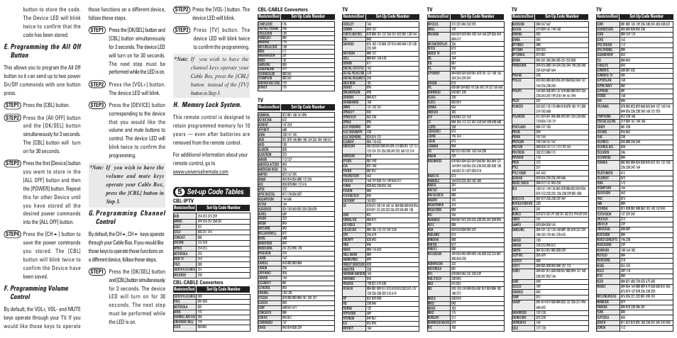 Set-up code tables 5 | Universal Remote Control (URS) UR2-211 User Manual | Page 2 / 2