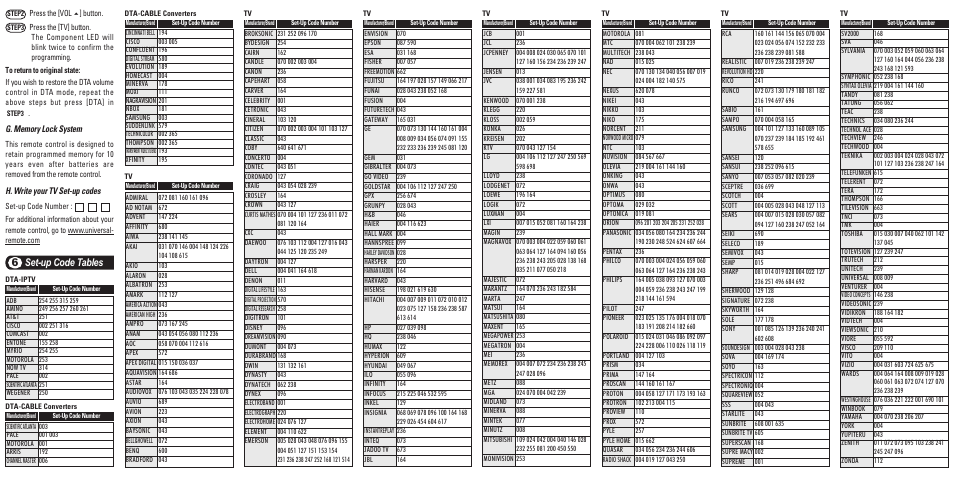 Set-up code tables 6, H. write your tv set-up codes | Universal Remote Control (URS) UR2-DTA User Manual | Page 2 / 2