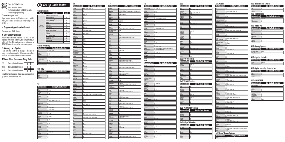 Set-up code tables 6, J. programming a favorite channel, K. low battery warning | M. record your component set-up codes, Aux-lighting controls, Aux-digital to analog converter box, Aux-gaming systems, Aux-media pcs, Aux-ipod controls, Aux-home theater systems | Universal Remote Control (URS) UR4U-MDVR-CHD2 User Manual | Page 2 / 2