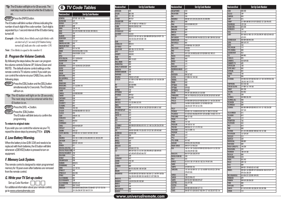 Tv code tables 6, D. program the volume controls, E. low battery warning | G. write your tv set-up codes | Universal Remote Control (URS) UR2-CBL-CV04 User Manual | Page 2 / 2