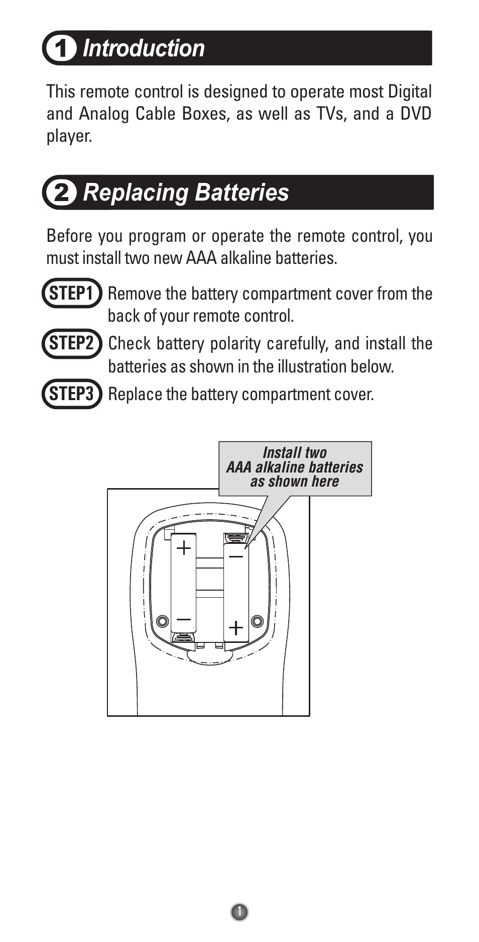 Introduction, Replacing batteries 2 | Universal Remote Control (URS) UR3-SR3 User Manual | Page 3 / 24