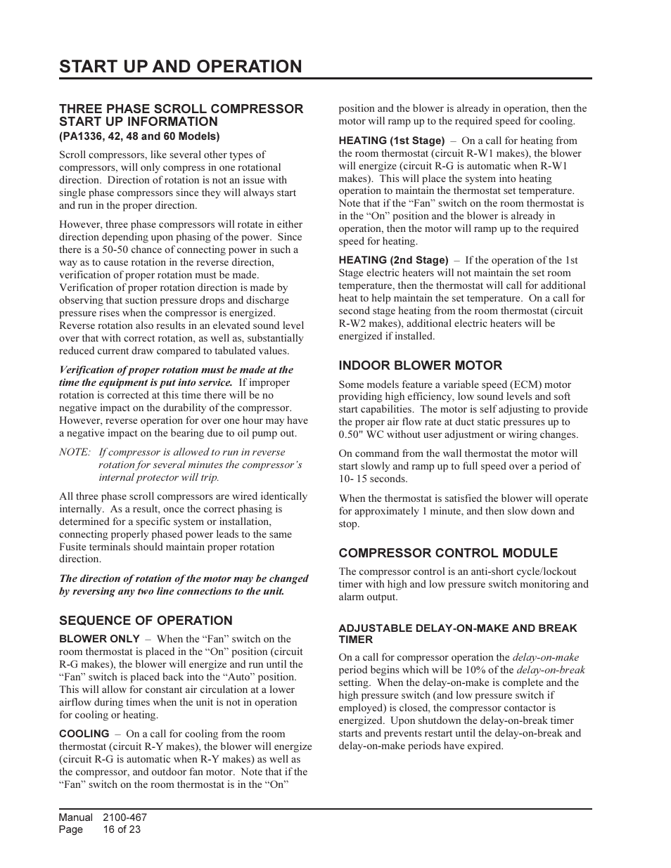 Start up and operation | Bard Single Package Air Conditioners PA13421-A User Manual | Page 16 / 23