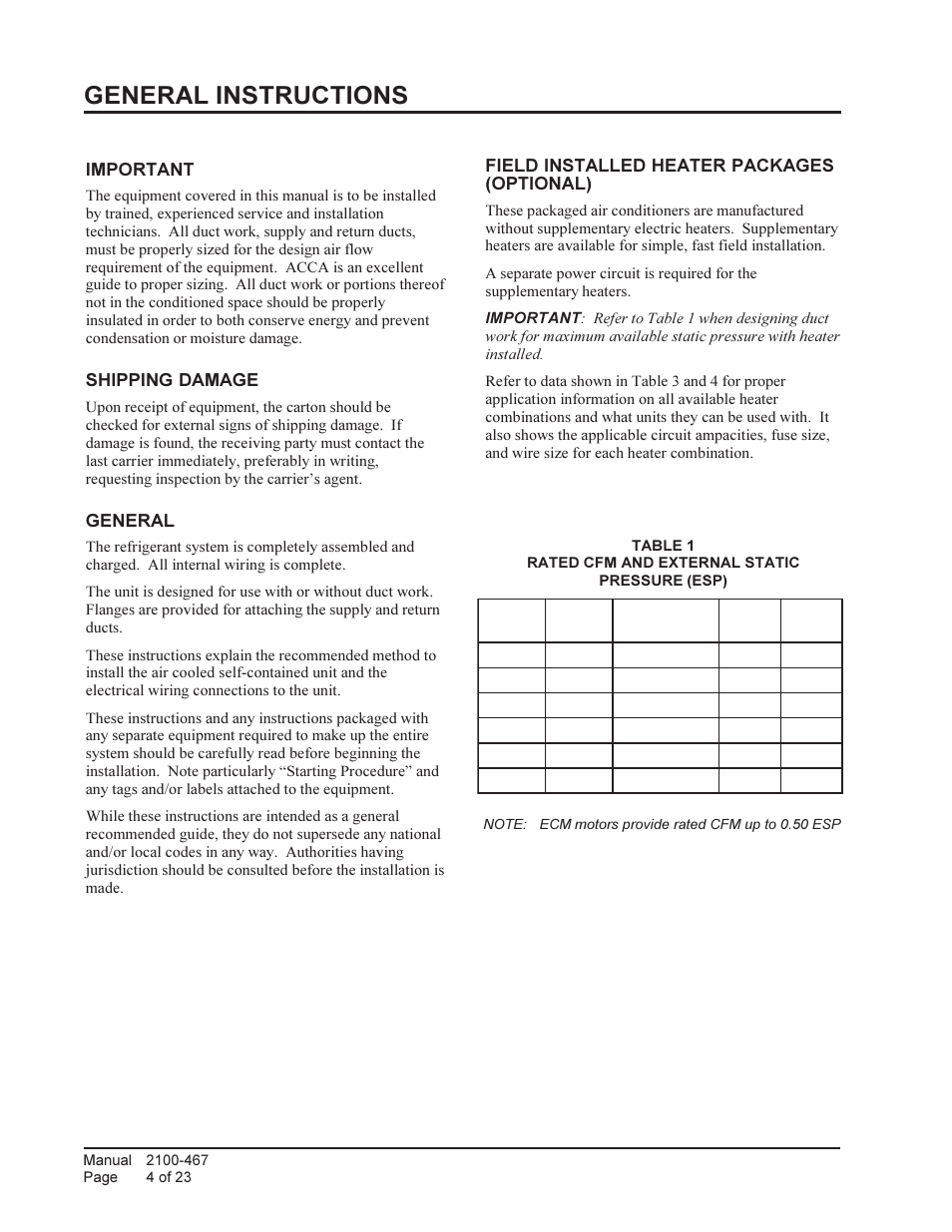 General instructions, Important, Shipping damage | General, Field installed heater packages (optional) | Bard Single Package Air Conditioners PA13421-A User Manual | Page 4 / 23