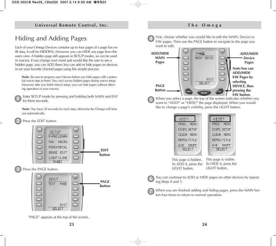 Hiding and adding pages | Universal Remote Control (URS) MX-650 User Manual | Page 13 / 32