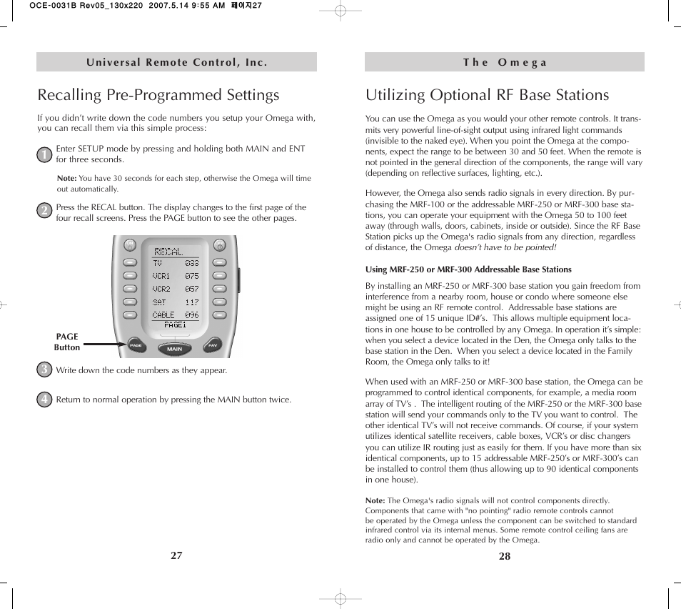 Utilizing optional rf base stations, Recalling pre-programmed settings | Universal Remote Control (URS) MX-650 User Manual | Page 15 / 32