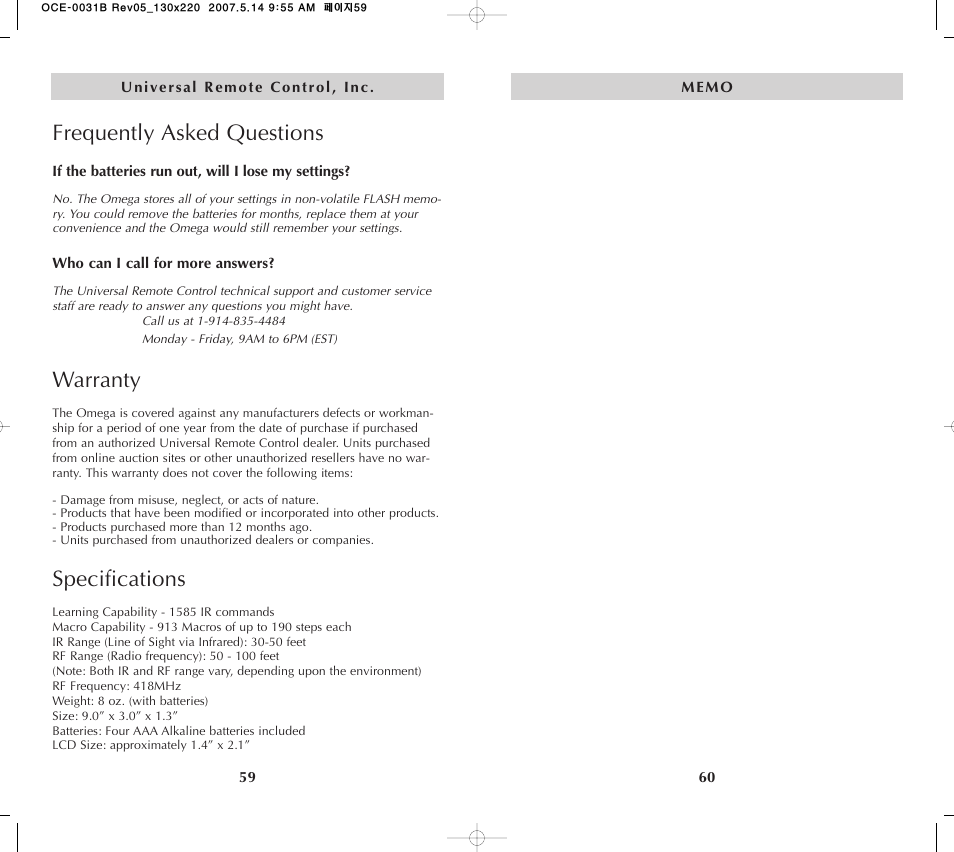 Frequently asked questions, Warranty, Specifications | Universal Remote Control (URS) MX-650 User Manual | Page 31 / 32