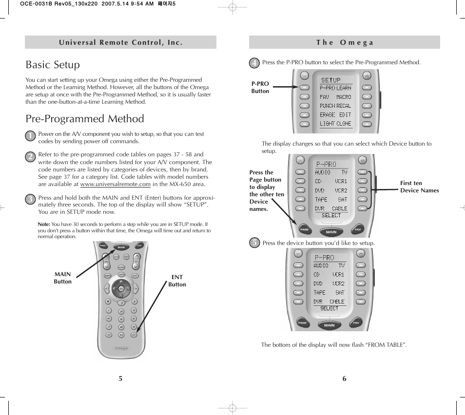 Basic setup, Pre-programmed method | Universal Remote Control (URS) MX-650 User Manual | Page 4 / 32