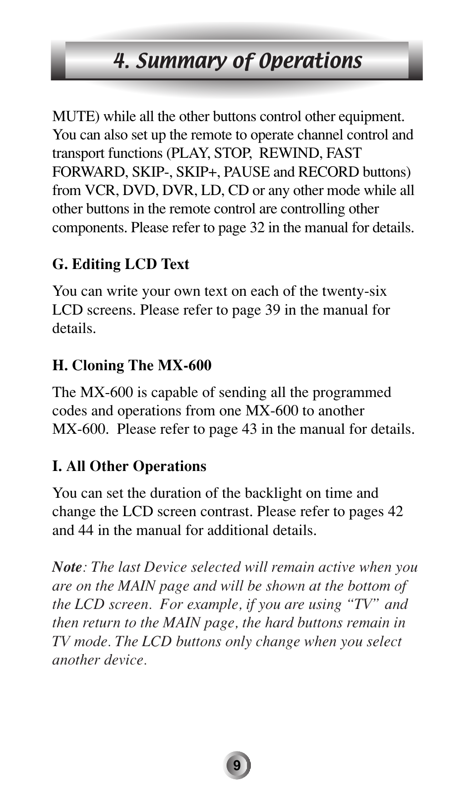 Summary of operations | Universal Remote Control (URS) MX-600 User Manual | Page 10 / 80