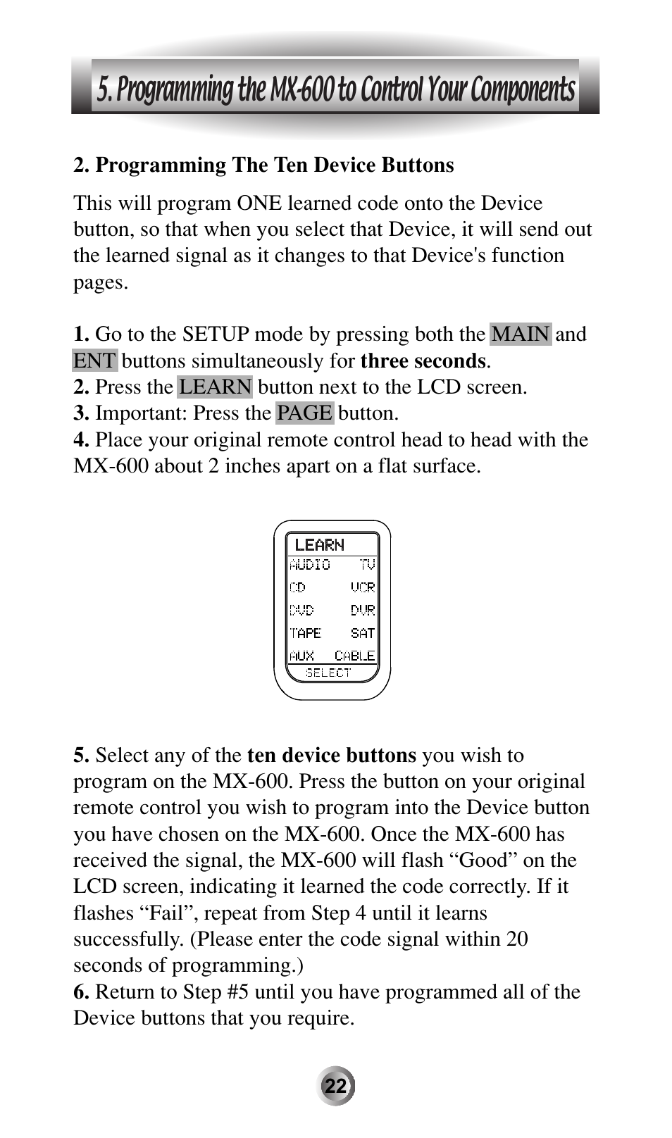 Programming the mx-600 to control your components | Universal Remote Control (URS) MX-600 User Manual | Page 23 / 80