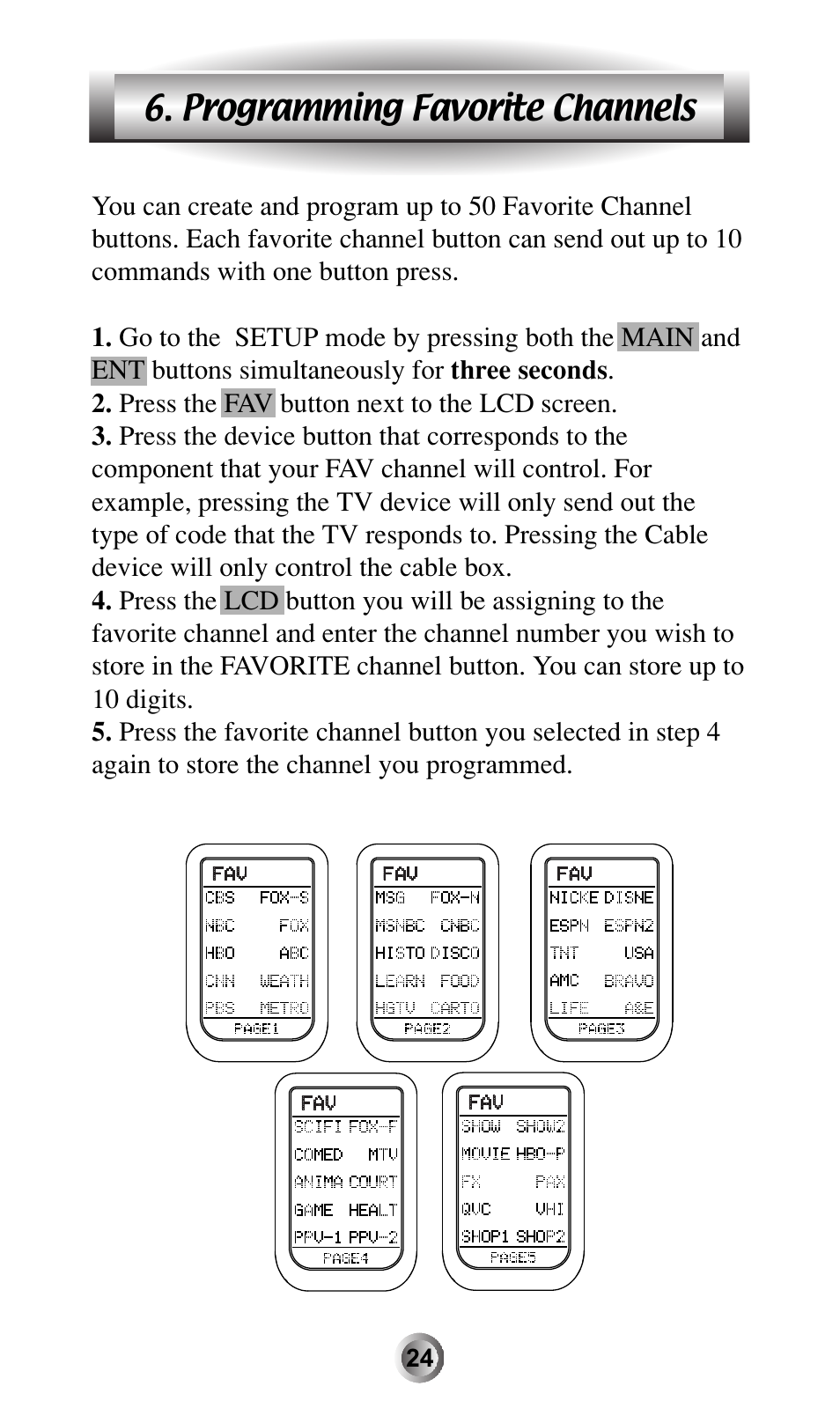 Programming favorite channels | Universal Remote Control (URS) MX-600 User Manual | Page 25 / 80