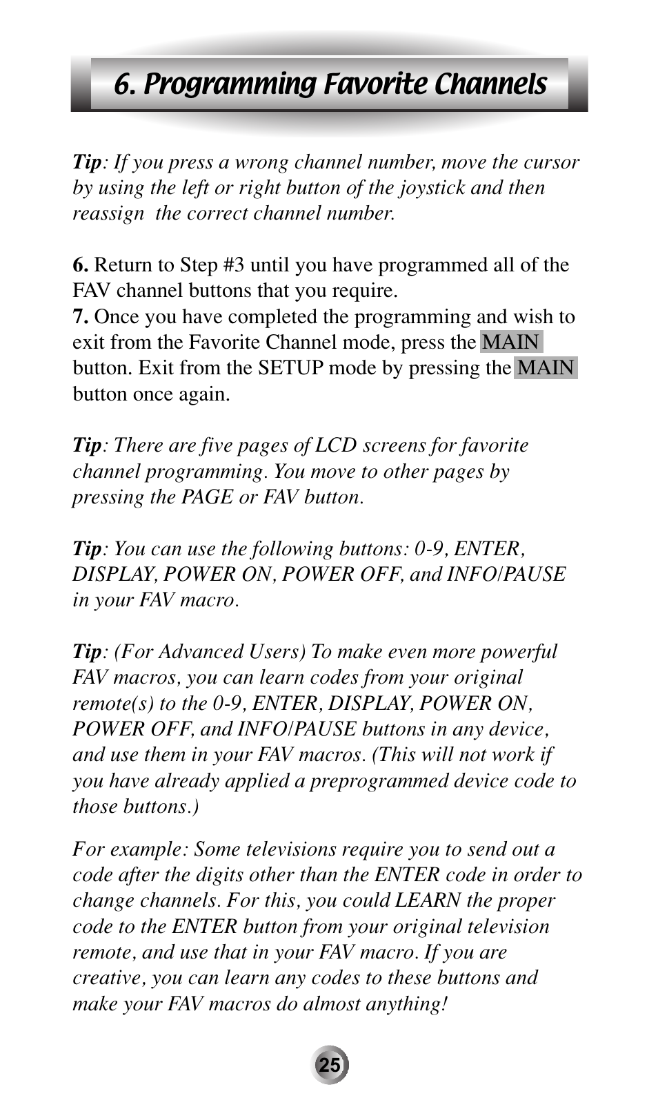 Programming favorite channels | Universal Remote Control (URS) MX-600 User Manual | Page 26 / 80