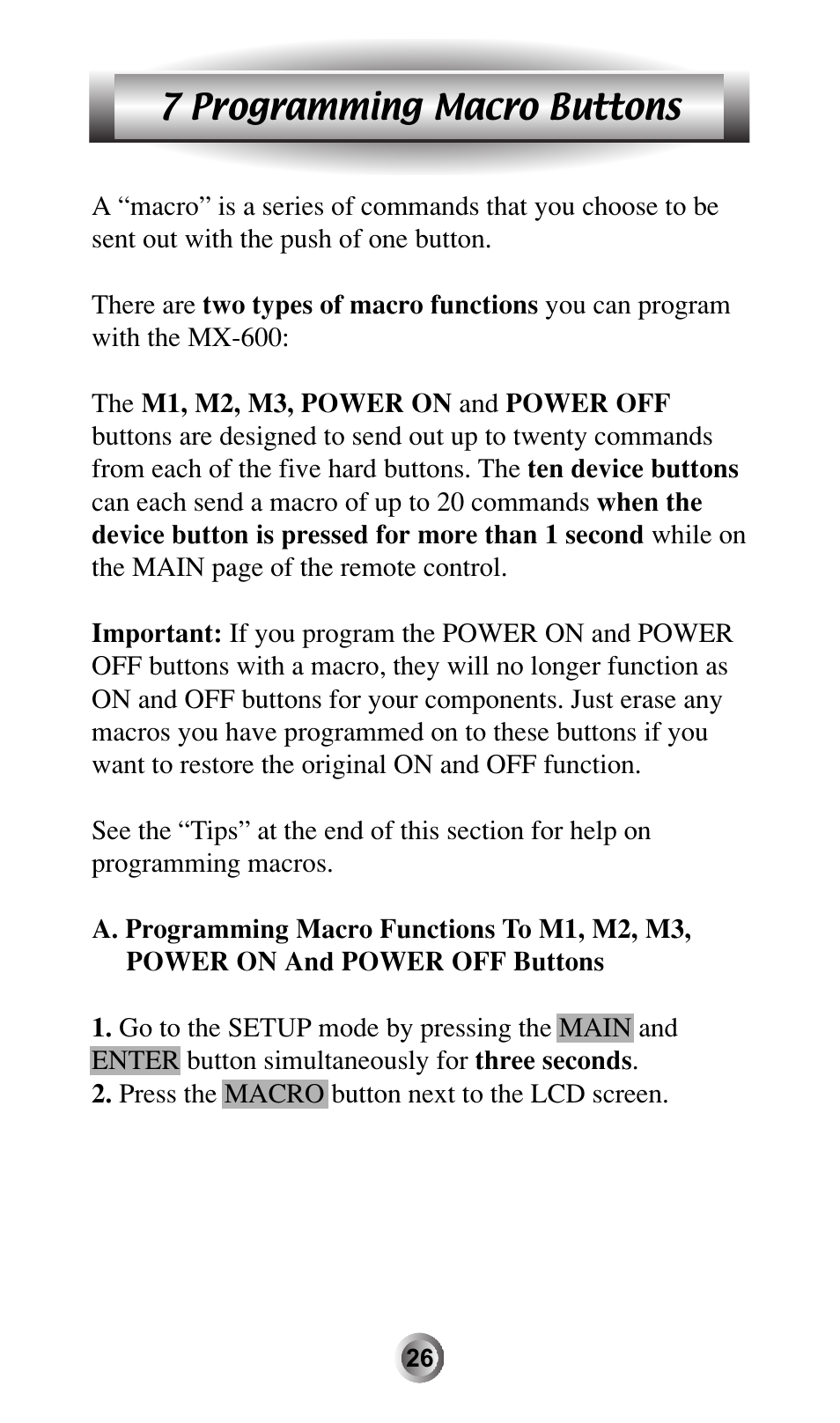 7 programming macro buttons | Universal Remote Control (URS) MX-600 User Manual | Page 27 / 80