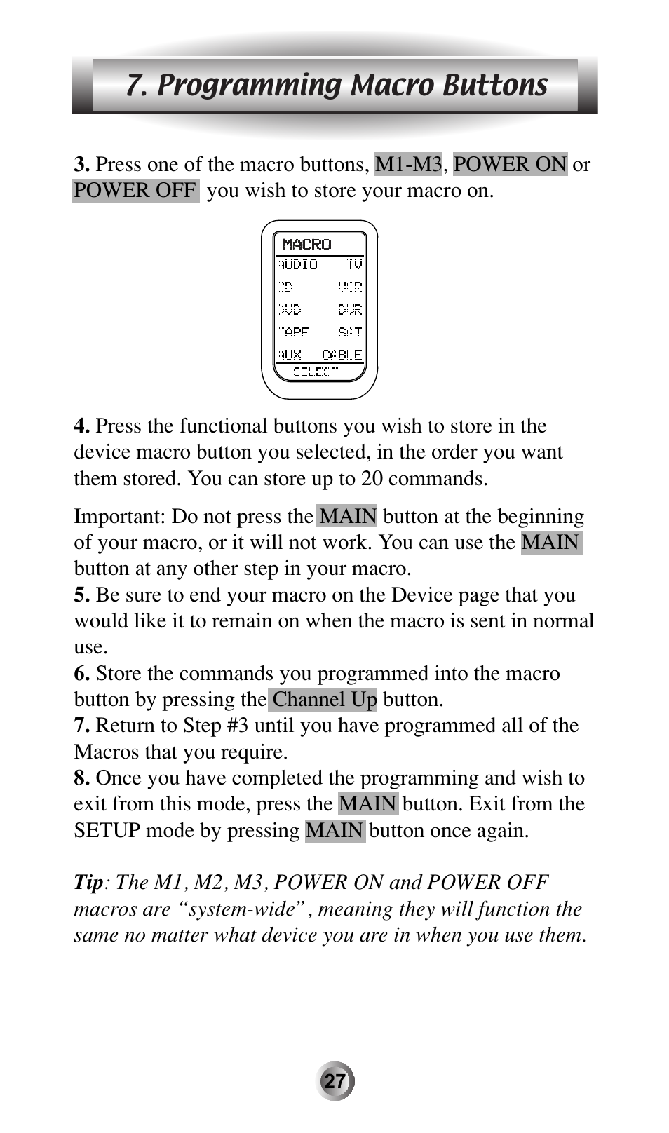 Programming macro buttons | Universal Remote Control (URS) MX-600 User Manual | Page 28 / 80