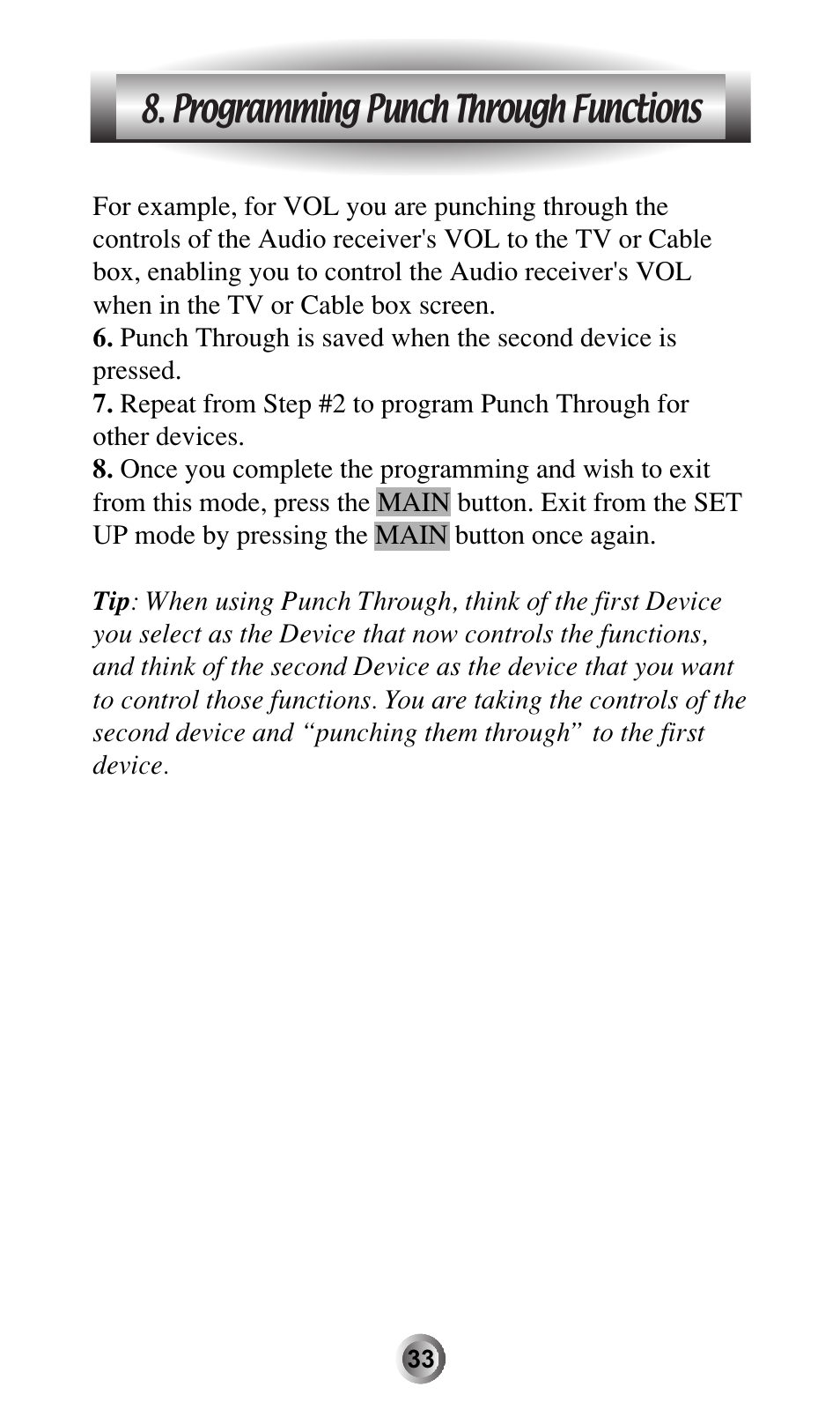 Programming punch through functions | Universal Remote Control (URS) MX-600 User Manual | Page 34 / 80