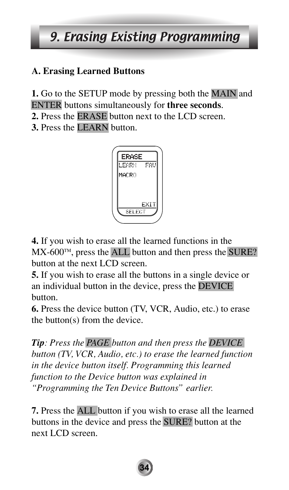 Erasing existing programming | Universal Remote Control (URS) MX-600 User Manual | Page 35 / 80