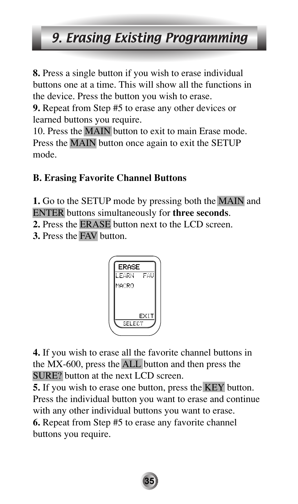 Erasing existing programming | Universal Remote Control (URS) MX-600 User Manual | Page 36 / 80