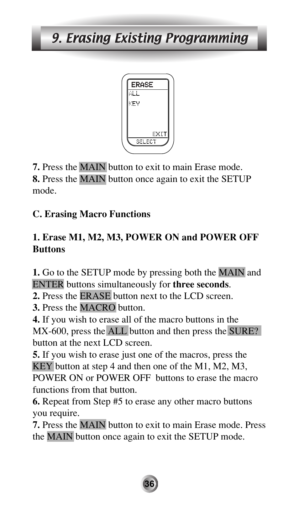 Erasing existing programming | Universal Remote Control (URS) MX-600 User Manual | Page 37 / 80