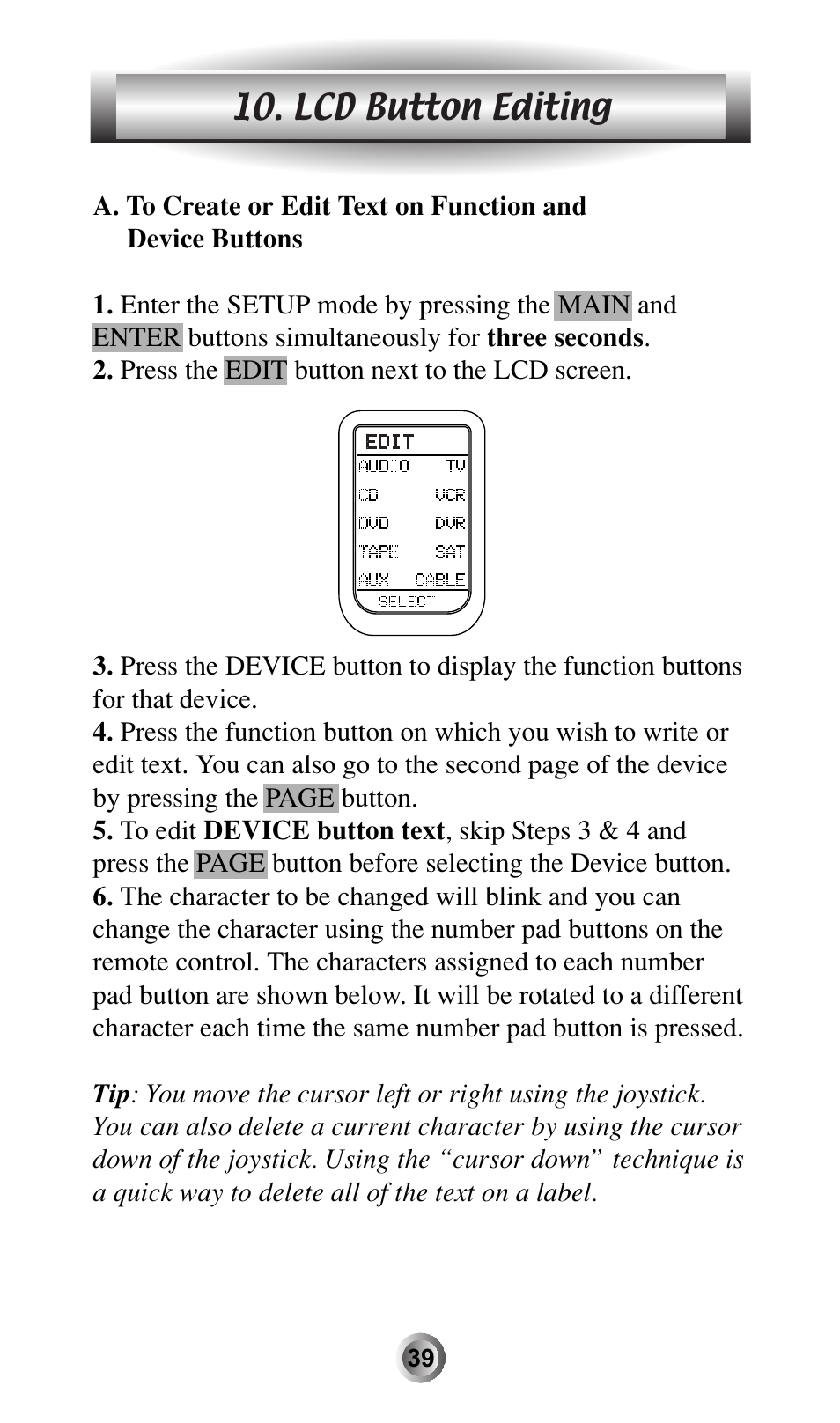 Lcd button editing | Universal Remote Control (URS) MX-600 User Manual | Page 40 / 80