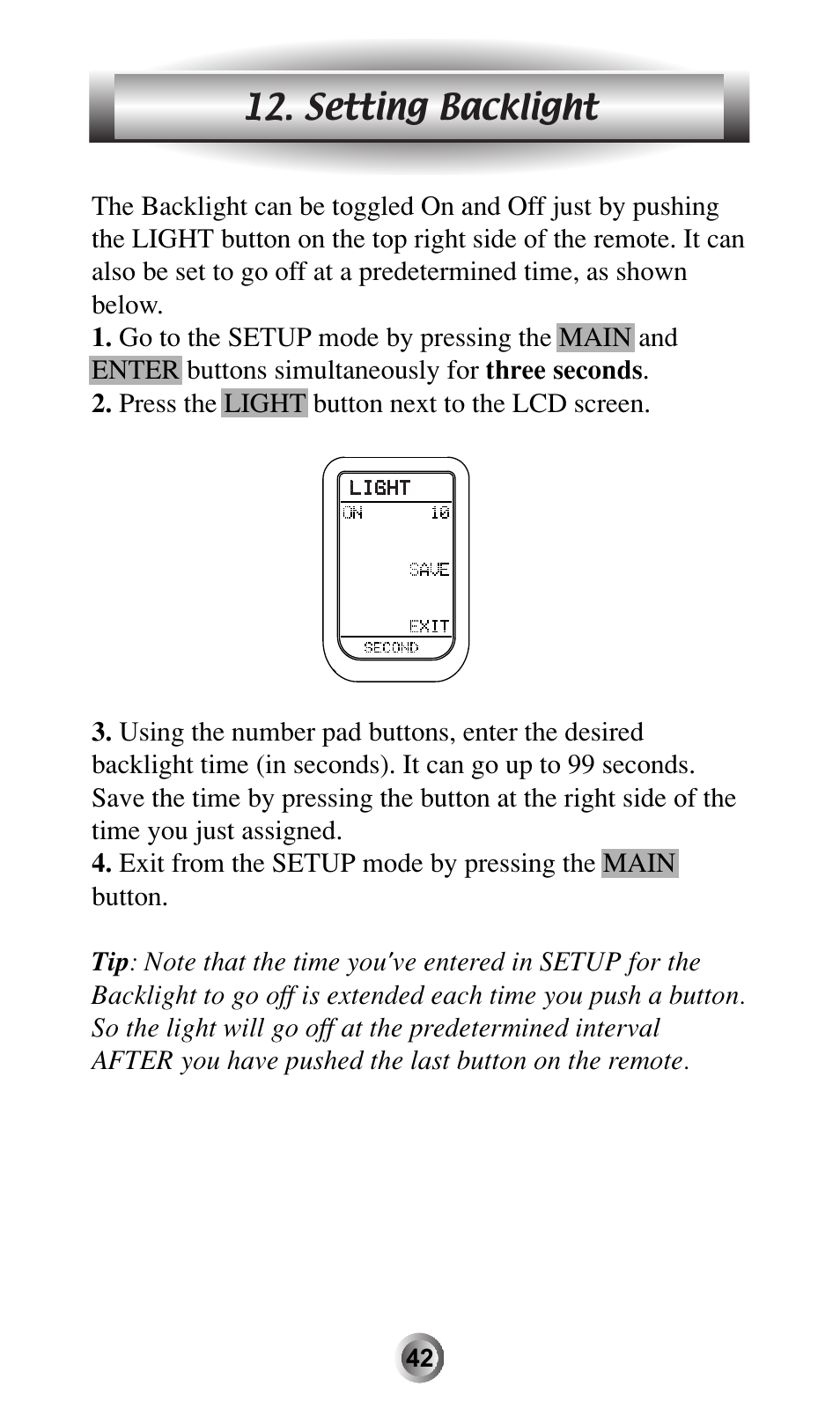 Setting backlight | Universal Remote Control (URS) MX-600 User Manual | Page 43 / 80