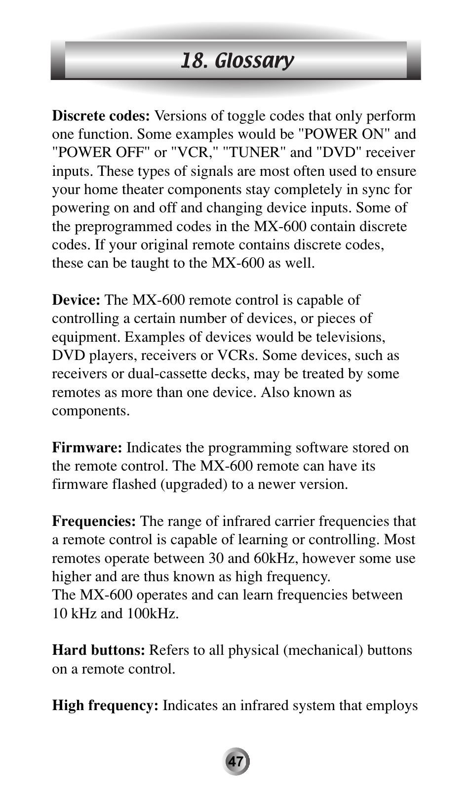 Glossary | Universal Remote Control (URS) MX-600 User Manual | Page 48 / 80