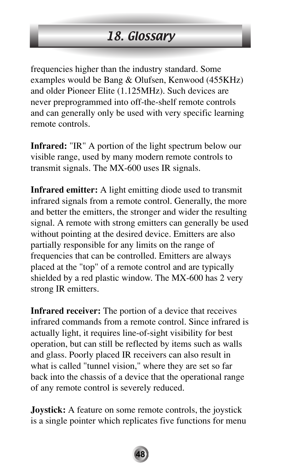 Glossary | Universal Remote Control (URS) MX-600 User Manual | Page 49 / 80