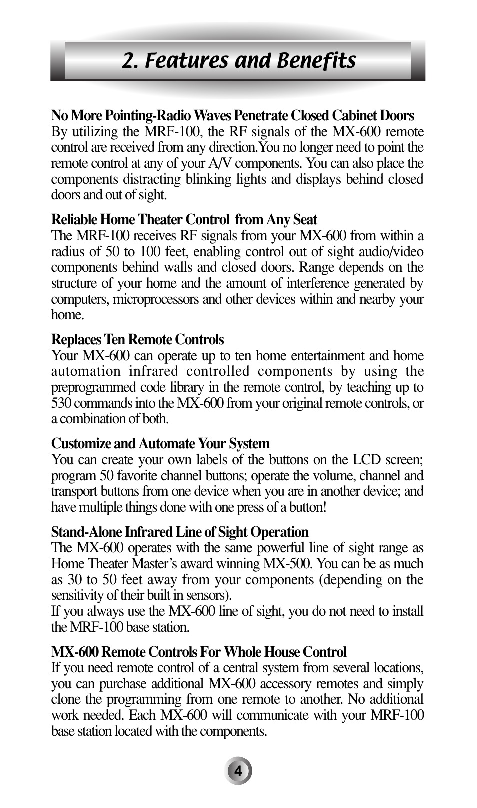 Features and benefits | Universal Remote Control (URS) MX-600 User Manual | Page 5 / 80