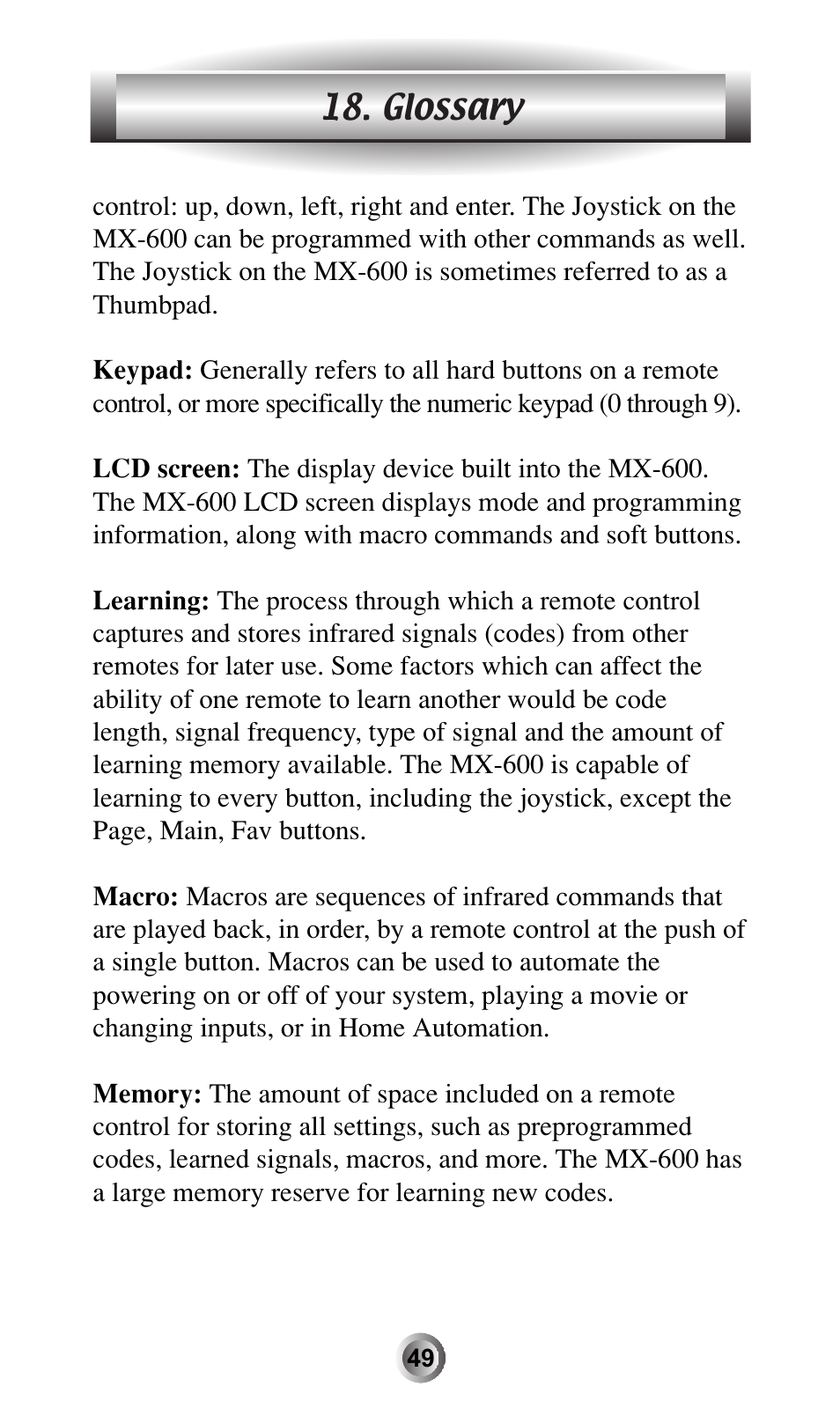 Glossary | Universal Remote Control (URS) MX-600 User Manual | Page 50 / 80