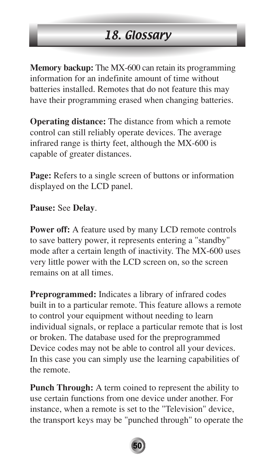 Glossary | Universal Remote Control (URS) MX-600 User Manual | Page 51 / 80
