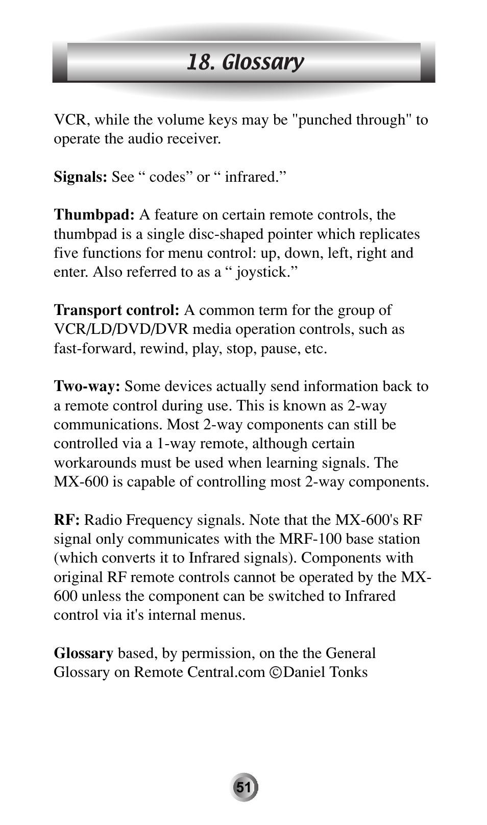 Glossary | Universal Remote Control (URS) MX-600 User Manual | Page 52 / 80