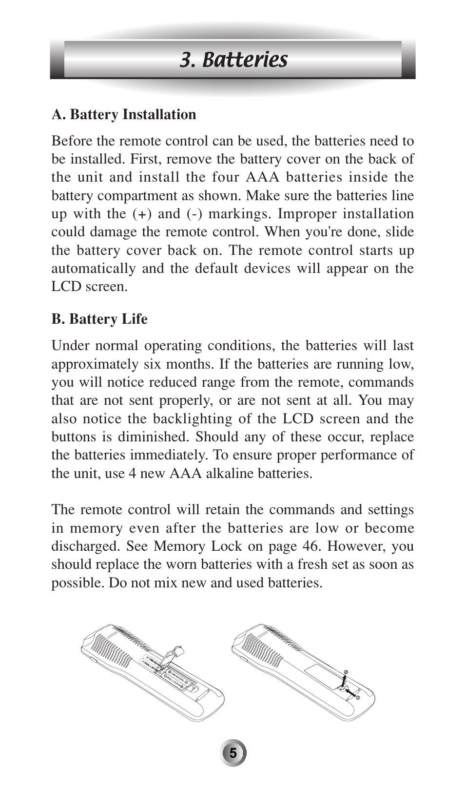 Batteries | Universal Remote Control (URS) MX-600 User Manual | Page 6 / 80