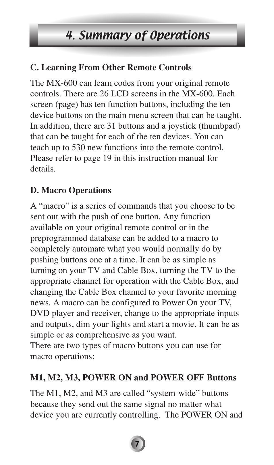 Summary of operations | Universal Remote Control (URS) MX-600 User Manual | Page 8 / 80