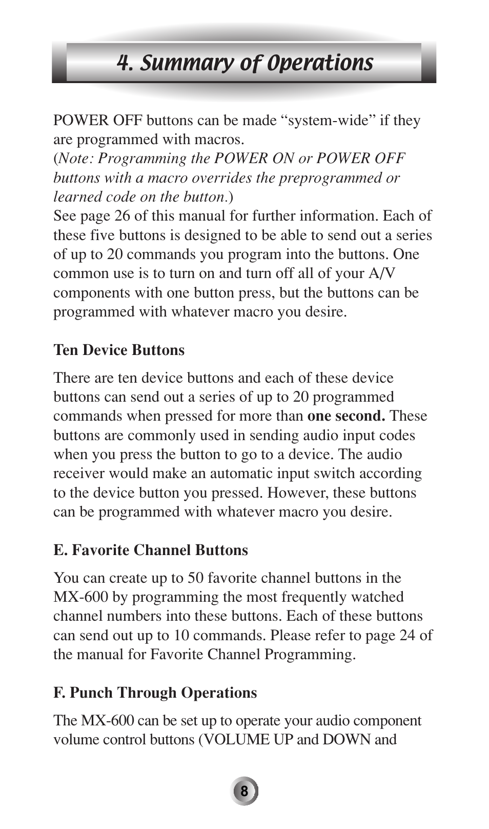 Summary of operations | Universal Remote Control (URS) MX-600 User Manual | Page 9 / 80