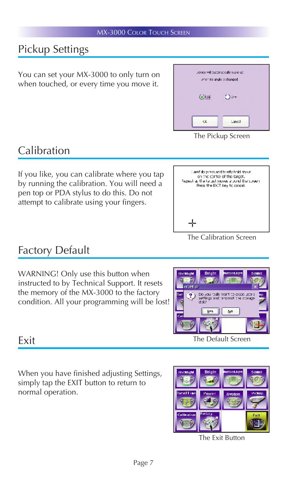 Pickup settings, Calibration, Factory default | Exit | Universal Remote Control (URS) MX-3000 User Manual | Page 10 / 19