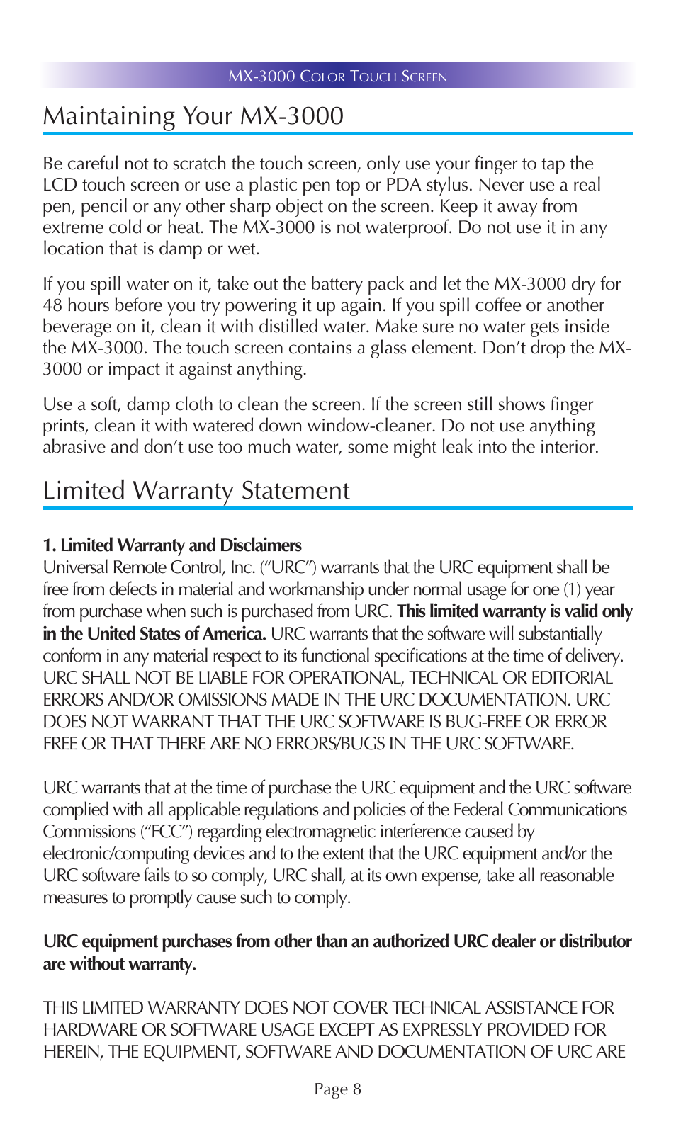 Maintaining your mx-3000, Limited warranty statement | Universal Remote Control (URS) MX-3000 User Manual | Page 11 / 19