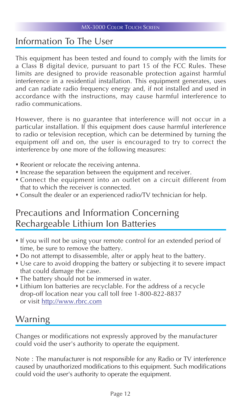 Information to the user, Warning | Universal Remote Control (URS) MX-3000 User Manual | Page 15 / 19