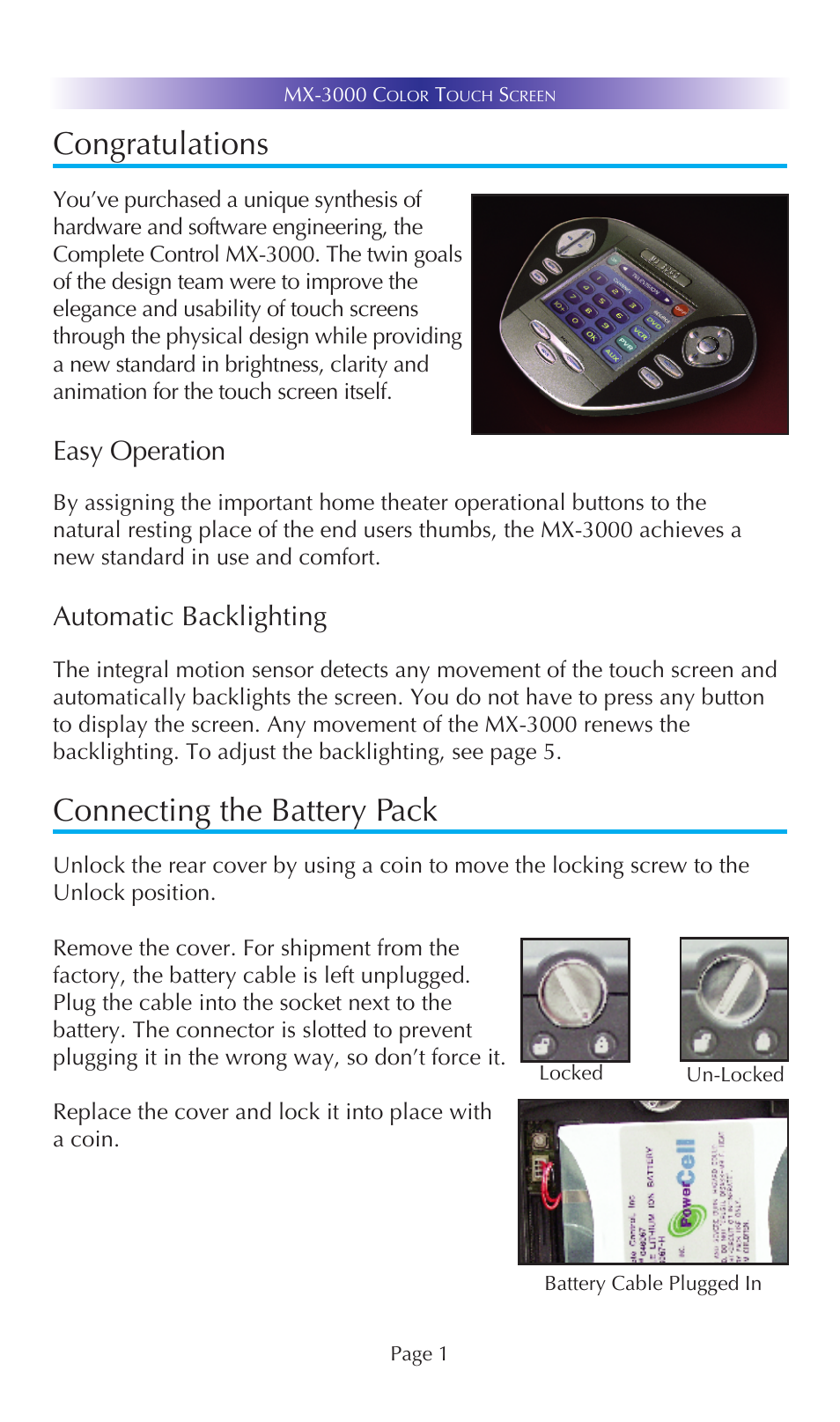 Connecting the battery pack, Easy operation, Automatic backlighting | Universal Remote Control (URS) MX-3000 User Manual | Page 4 / 19
