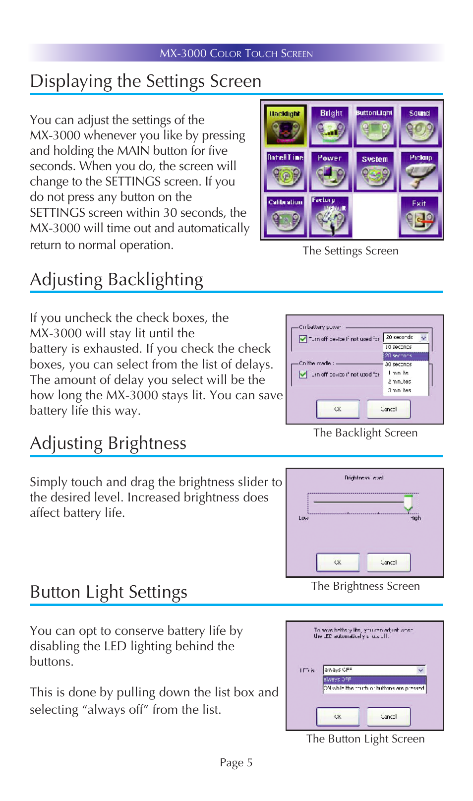 Displaying the settings screen, Adjusting backlighting, Adjusting brightness | Button light settings | Universal Remote Control (URS) MX-3000 User Manual | Page 8 / 19