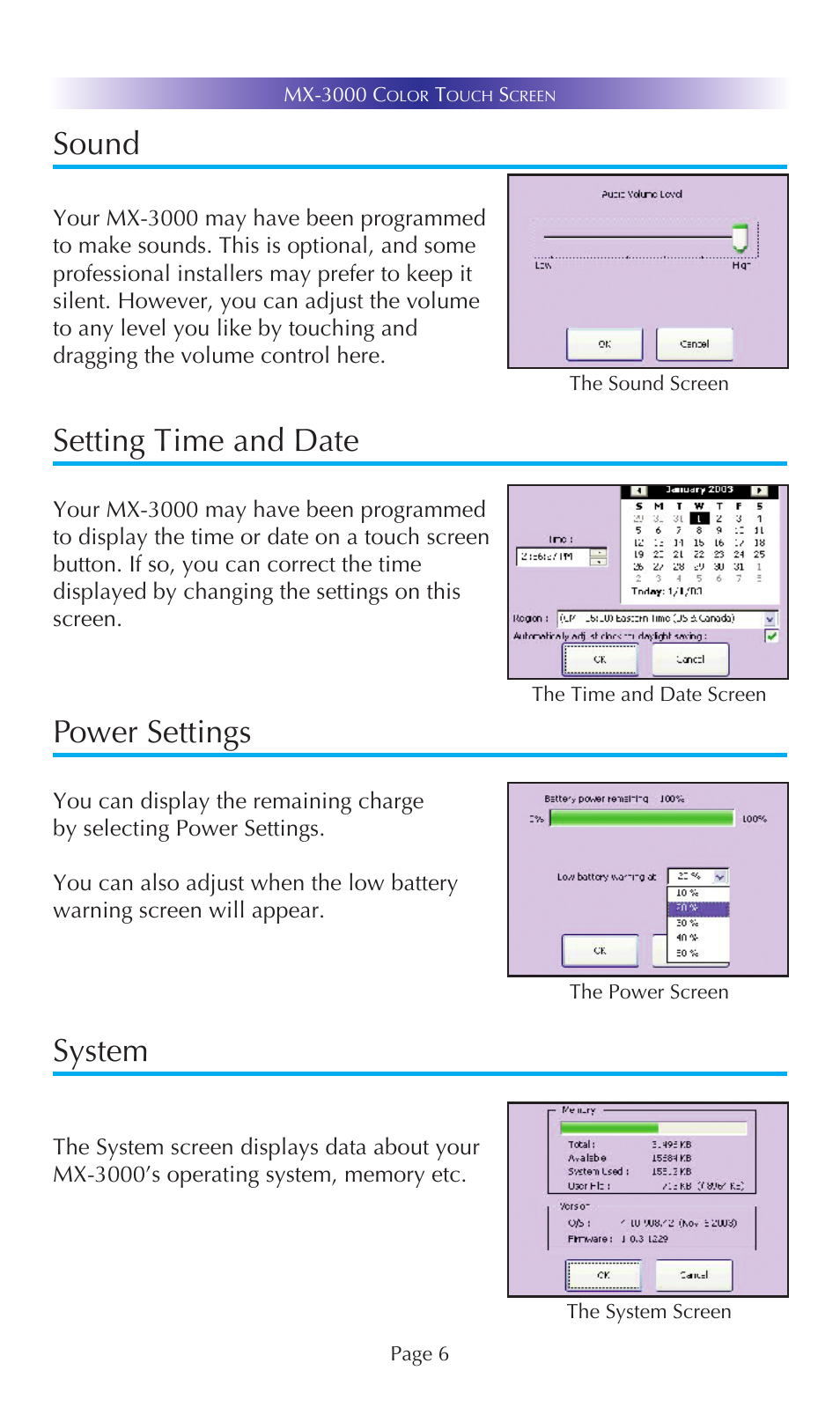 Sound, Setting time and date, Power settings | System | Universal Remote Control (URS) MX-3000 User Manual | Page 9 / 19