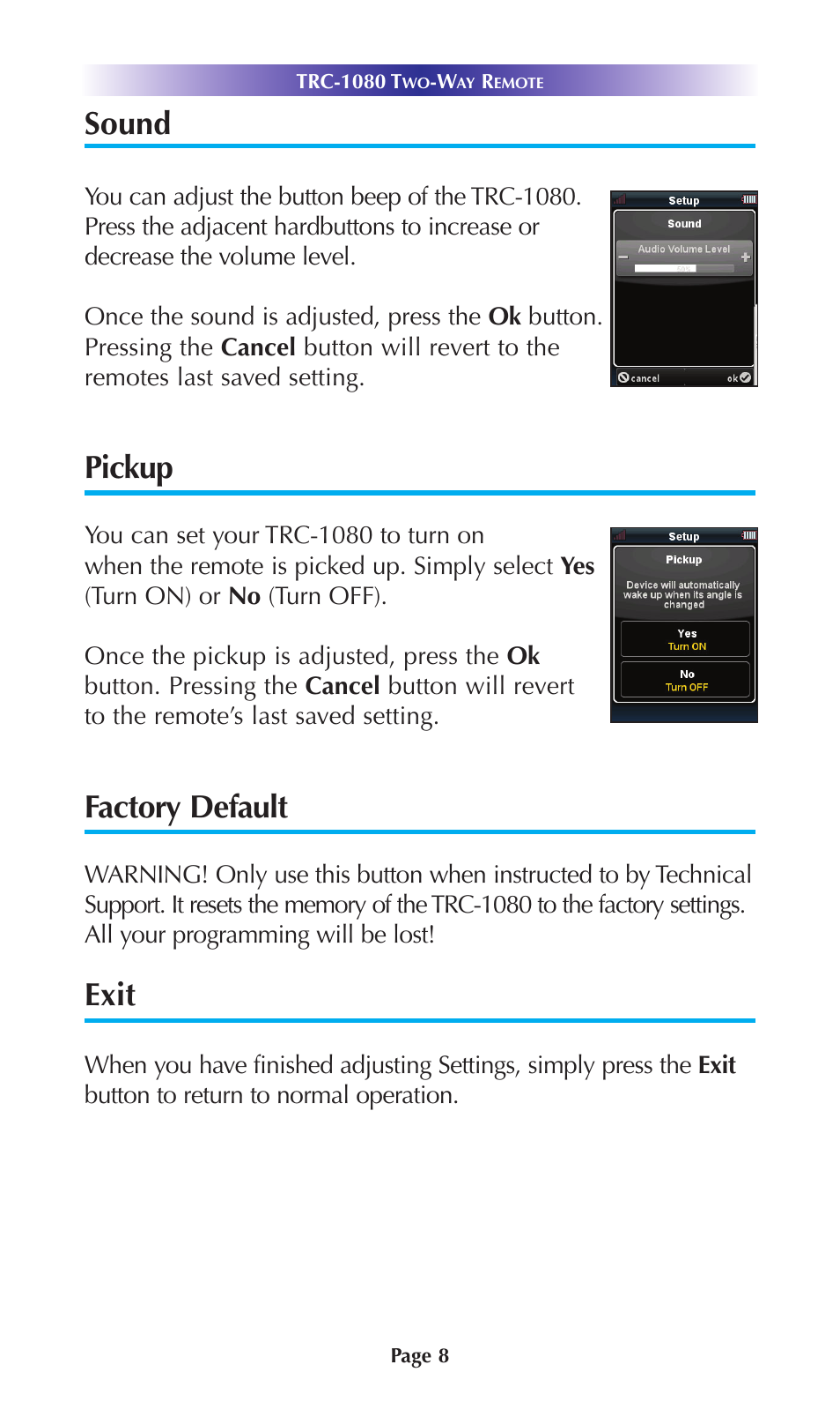 Sound, Pickup, Factory default | Exit | Universal Remote Control (URS) TRC-1080 User Manual | Page 11 / 24