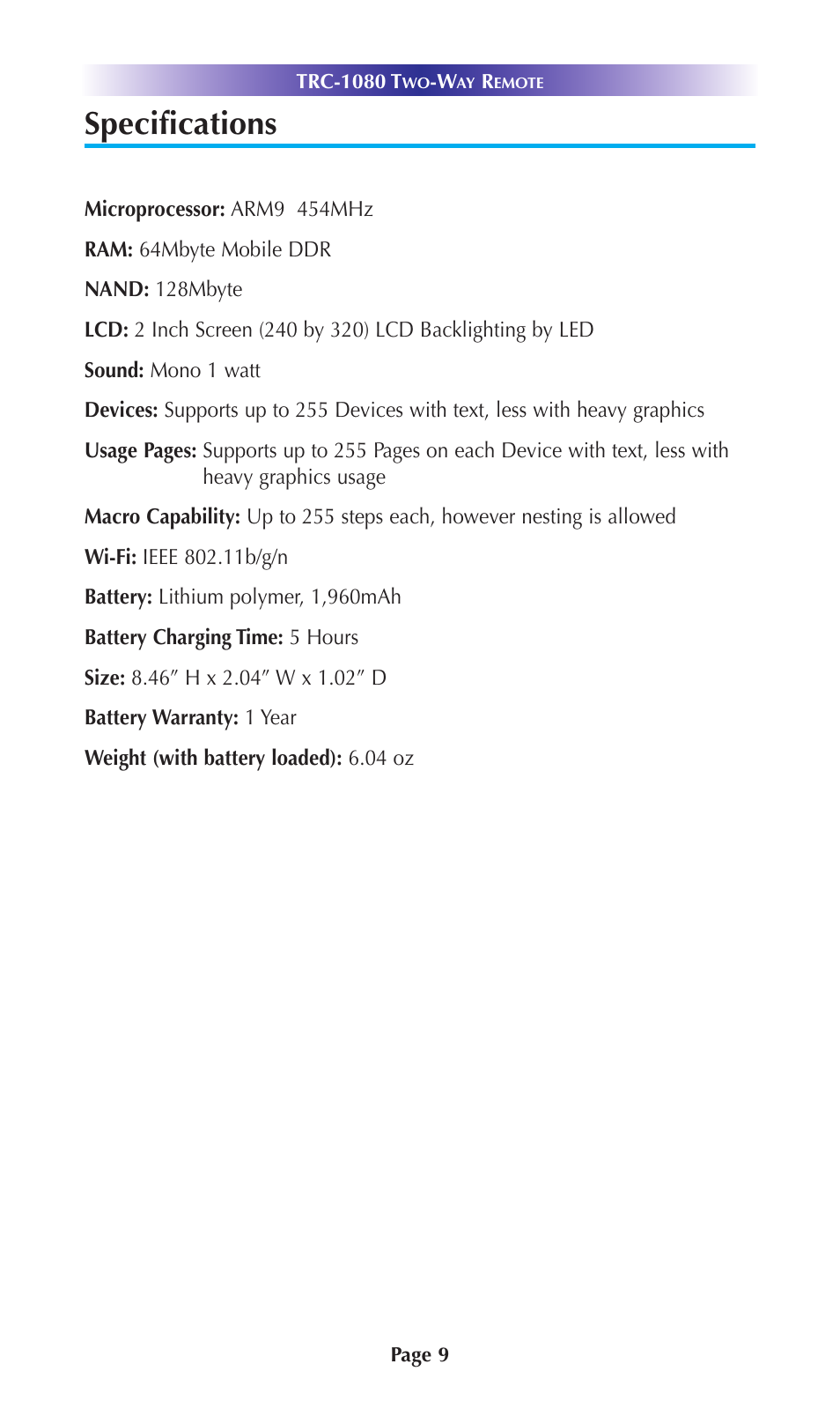 Specifications | Universal Remote Control (URS) TRC-1080 User Manual | Page 12 / 24