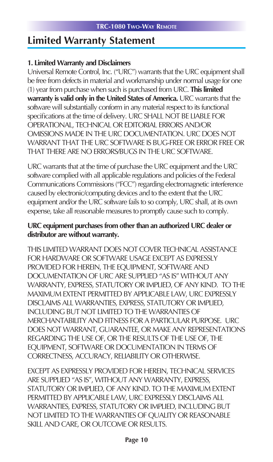 Limited warranty statement | Universal Remote Control (URS) TRC-1080 User Manual | Page 13 / 24