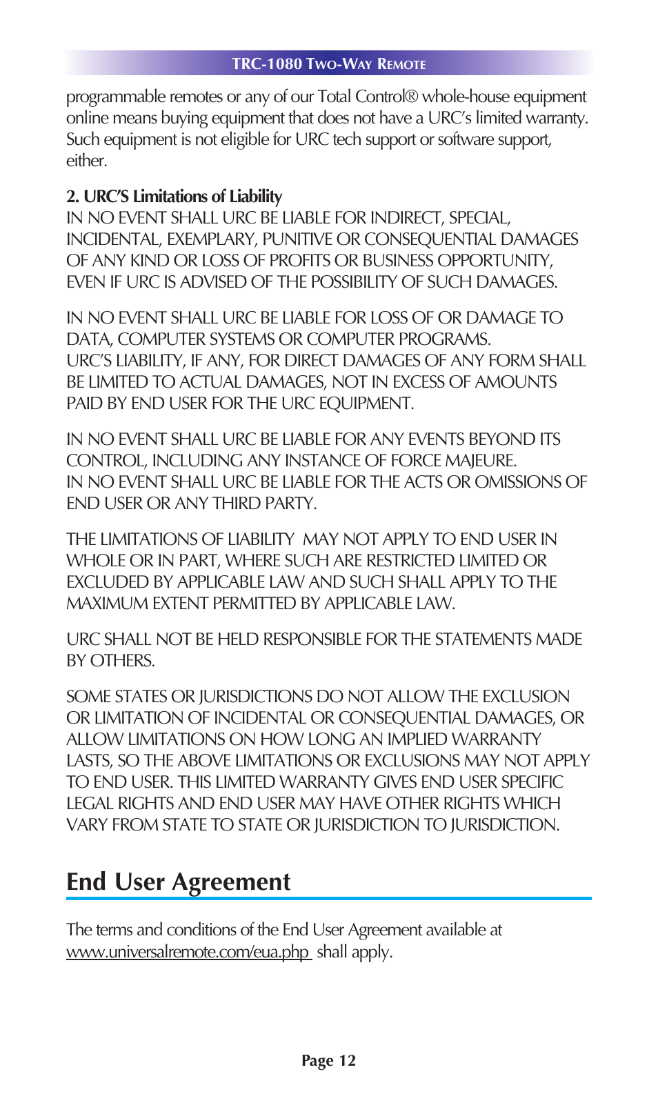 End user agreement | Universal Remote Control (URS) TRC-1080 User Manual | Page 15 / 24